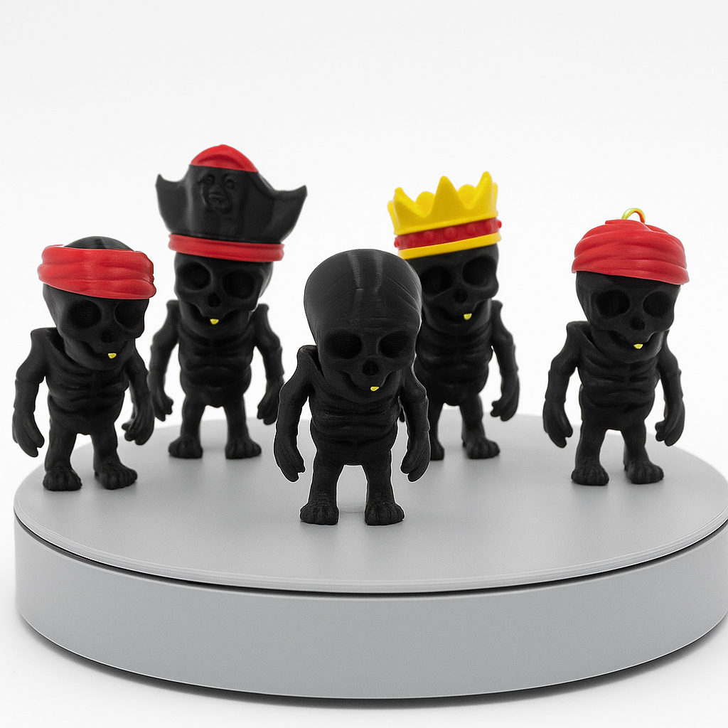 Crown & Coffin Crew™ Collectible Gothic Figurine Set, Black Skeleton Characters with Royal Headpieces, Desktop Display Stand, Dark Fantasy Theme