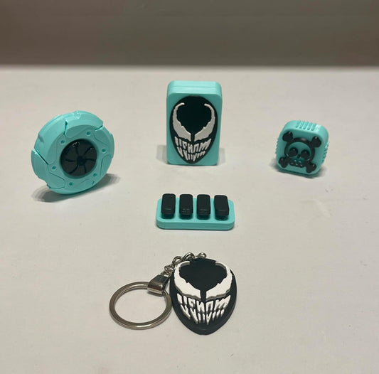 Fidget Sliders Collectible Accessories Set, 5 Pieces, Turquoise and Black, with Keychain