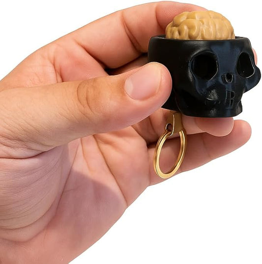 SkullSnap Brainy Skull Keyring, Black Skull Design with Brain Detail, Tactile Click Feature keychain