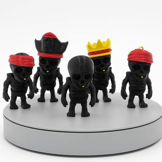 Crown & Coffin Crew™ Collectible Gothic Figurine Set, Black Skeleton Characters with Royal Headpieces, Desktop Display Stand, Dark Fantasy Theme