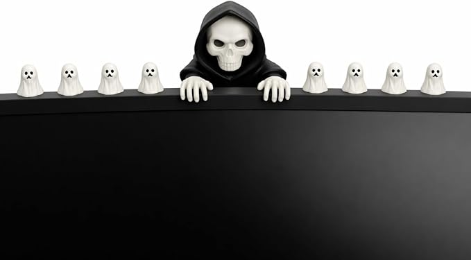 NightHollow Display Set, Hooded Skull with 8 Mini Ghost Figurines, Gothic Desk Decor, Vinyl, Matte Finish, Black and White, Halloween Theme, 10 cm Height
