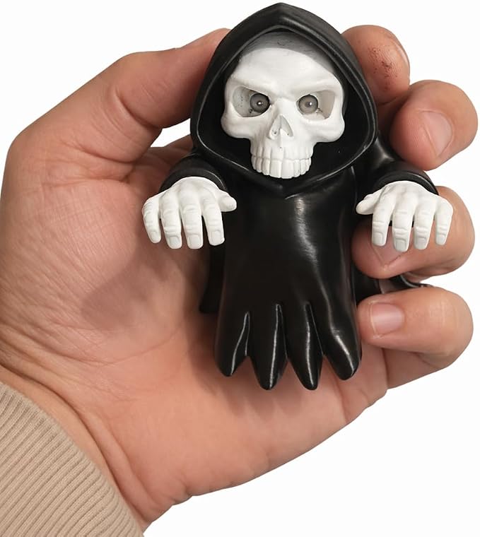 NightHollow Display Set, Hooded Skull with 8 Mini Ghost Figurines, Gothic Desk Decor, Vinyl, Matte Finish, Black and White, Halloween Theme, 10 cm Height