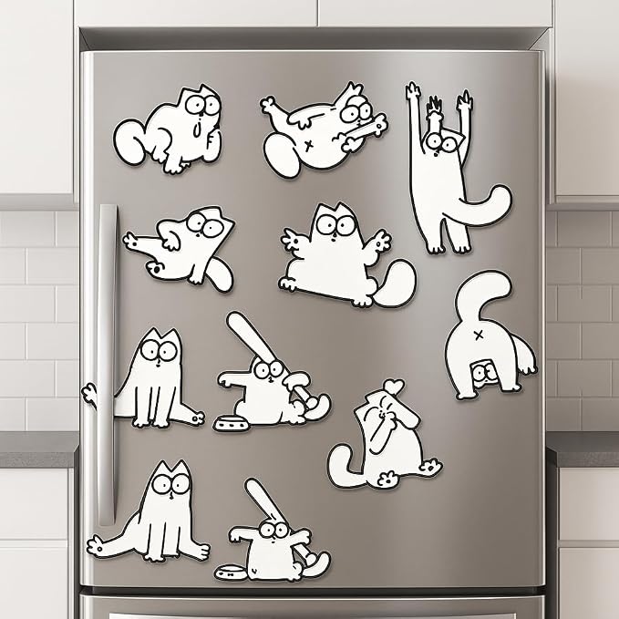MeowMagnets Cat Design Refrigerator Magnets, Decorative White Cartoon Characters, Strong Magnetic Set