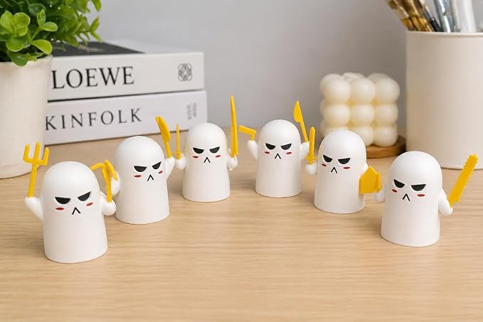 Mini Ghost Figurines Desk Toy Set with Interchangeable Yellow Accessories, White, 6 Piece