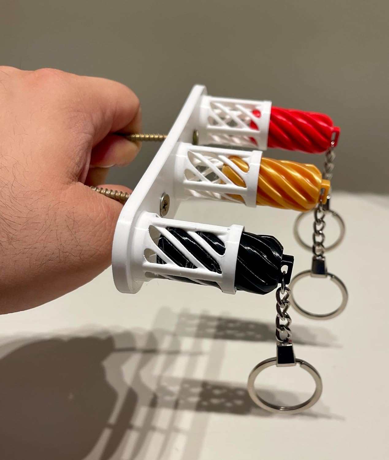 TwistDock Fidget Keychain Wall Mount, 3-Hook Storage Organiser, Red/Gold/Black