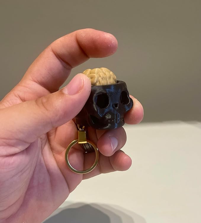 SkullSnap Brainy Skull Keyring, Black Skull Design with Brain Detail, Tactile Click Feature keychain