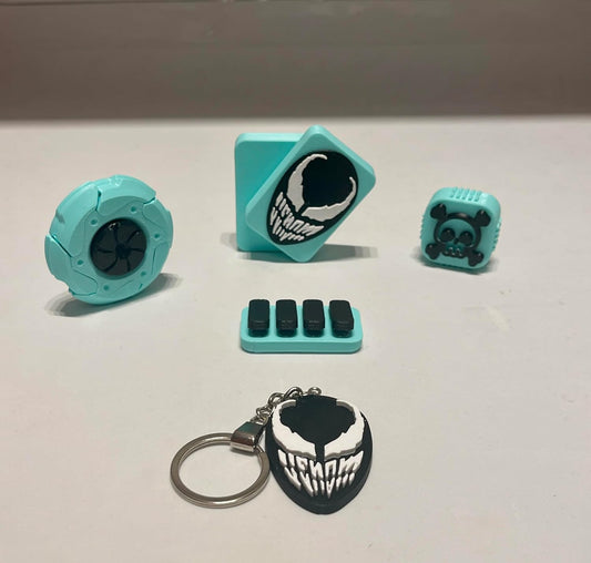 Fidget Sliders Collectible Accessories Set, 5 Pieces, Turquoise and Black, with Keychain