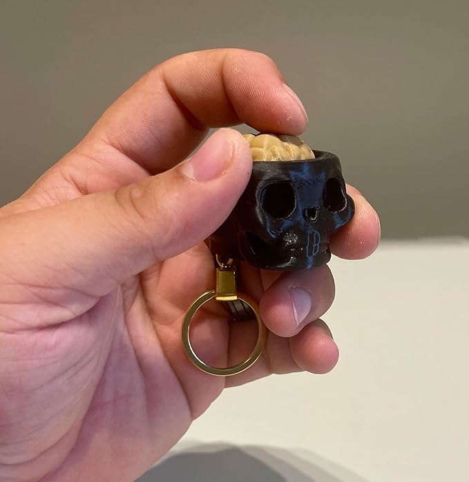 SkullSnap Brainy Skull Keyring, Black Skull Design with Brain Detail, Tactile Click Feature keychain