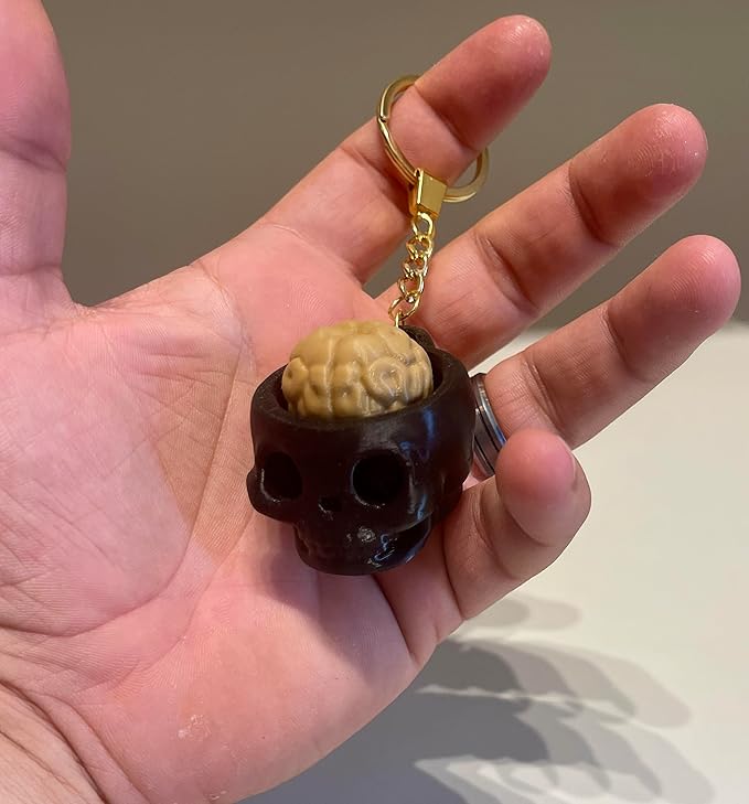 SkullSnap Brainy Skull Keyring, Black Skull Design with Brain Detail, Tactile Click Feature keychain