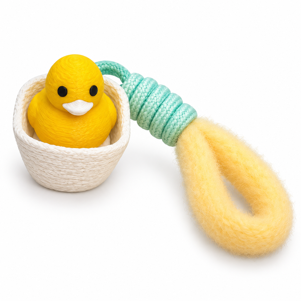 Mr.Fidgey DuckyNest Duck Keychain, Cute Yellow Duck in Basket Charm with Fuzzy Wrist Strap, Portable Bag Charm and Collectible Accessory