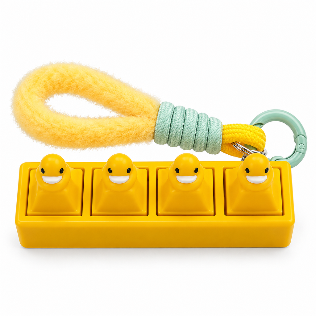 Mr.Fidgey DuckClick 4-Switch Mechanical Fidget Keychain, Cute Duck Clicker Fidget with Fuzzy Wrist Strap, Portable Tactile Fidget Gadget