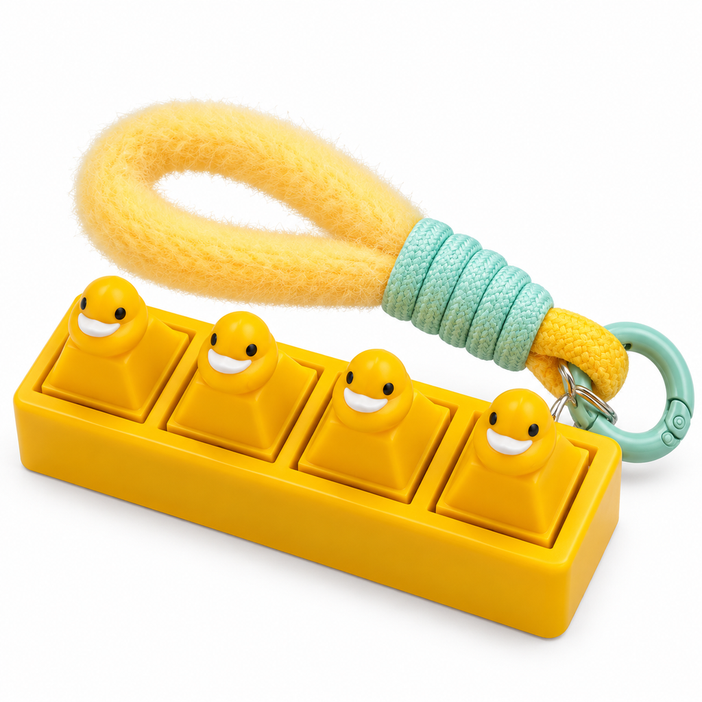 Mr.Fidgey DuckClick 4-Switch Mechanical Fidget Keychain, Cute Duck Clicker Fidget with Fuzzy Wrist Strap, Portable Tactile Fidget Gadget