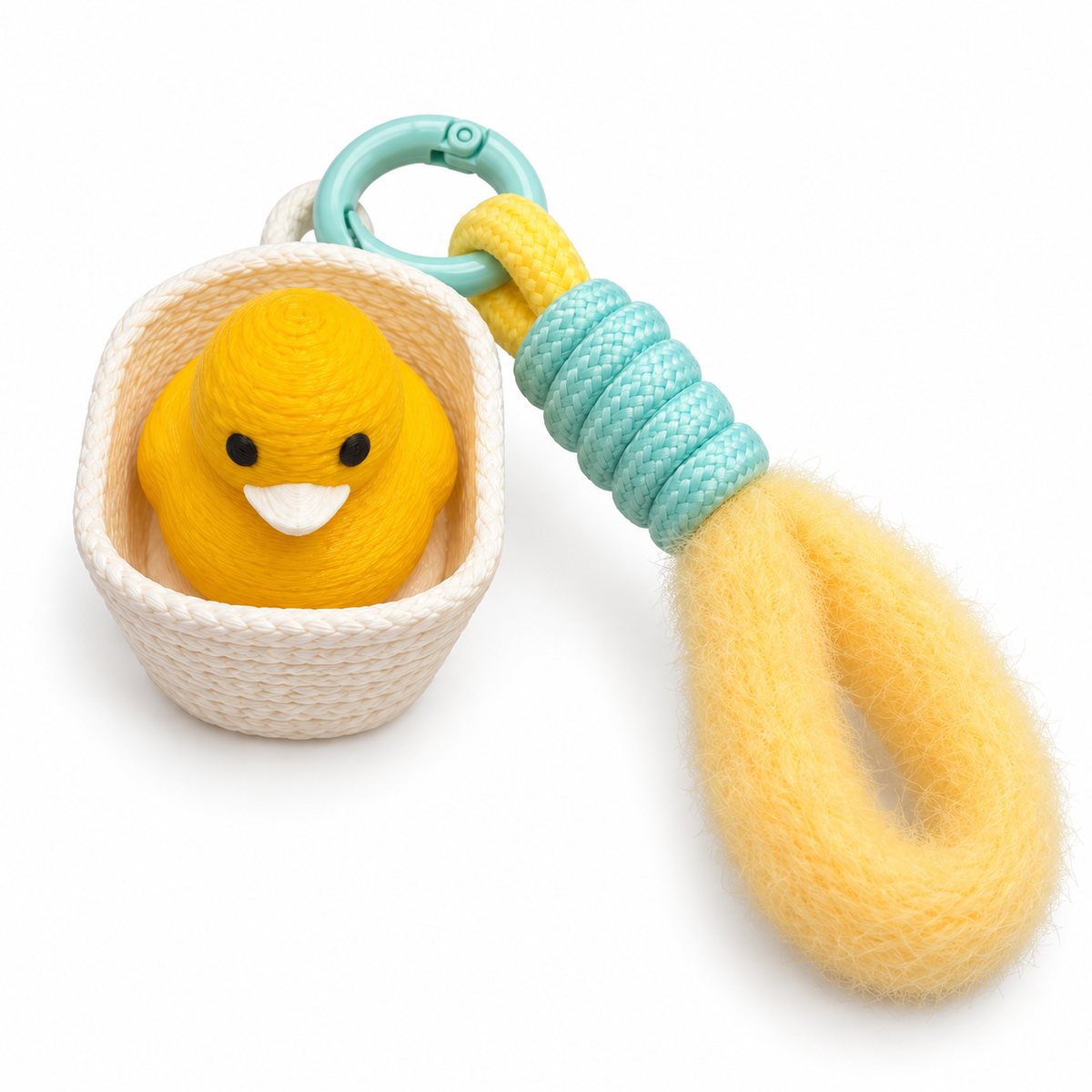 Mr.Fidgey DuckyNest Duck Keychain, Cute Yellow Duck in Basket Charm with Fuzzy Wrist Strap, Portable Bag Charm and Collectible Accessory