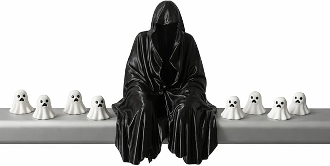 Velkora Phant Set – Hooded Skull Figure with 8 Mini Ghosts | Gothic Desk Decor
